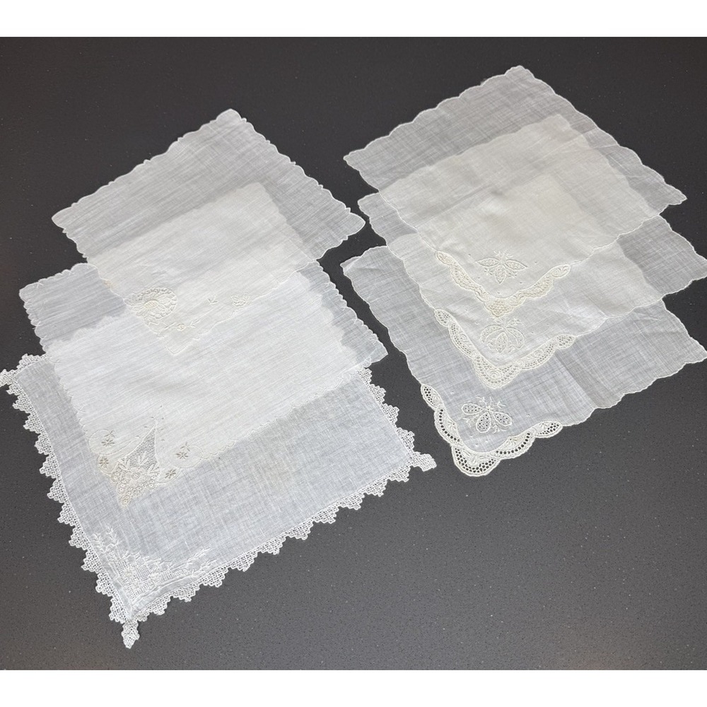 Lot 6 Vintage White Linen Handkerchiefs Embroidered Lace Corner Bridal Wedding
